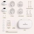Load image into Gallery viewer, BabyNera FlowEase wearable breast pump kit contents including 2 motors, 2 milk collectors, 2 flanges, 5 flange inserts, adjustable straps, charging cables, carrying bag, instruction manual and sizing ruler.