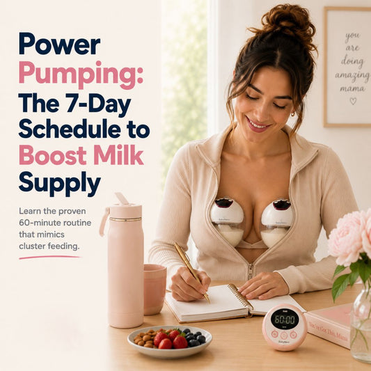 Mum using BabyNera wearable breast pump hands-free while writing notes — power pumping 7-day schedule to boost milk supply