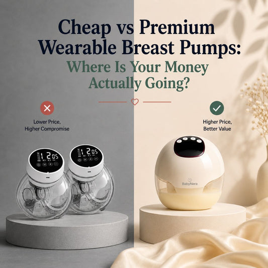 Cheap vs premium wearable breast pump comparison showing a budget wearable breast pump beside the BabyNera FlowEase premium wearable breast pump, highlighting the differences in value, quality and long-term performance.