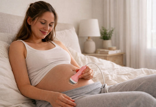 Mom using a fetal doppler at home to find the baby’s heartbeat with proper placement