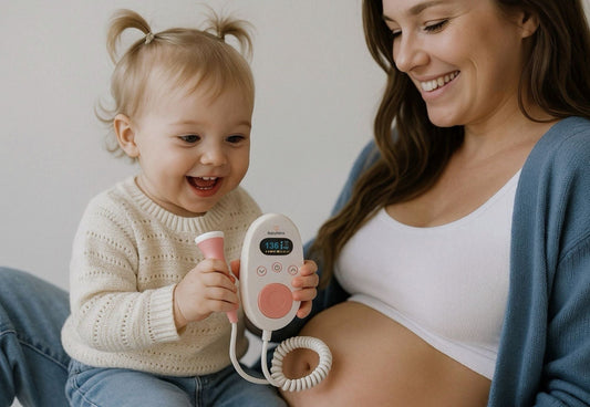 pregnant woman using at-home fetal doppler with child to listen to baby heartbeat