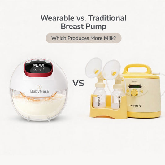 Wearable vs traditional breast pump comparison showing BabyNera wearable pump and hospital-grade electric pump