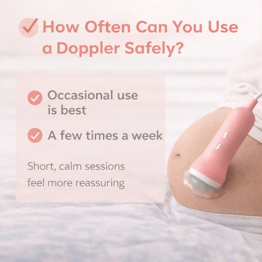 Soft-toned image of a pregnant woman using a pink fetal doppler on her belly, with overlaid text explaining safe usage frequency—suggesting occasional use, a few times a week, and keeping sessions short and calm.