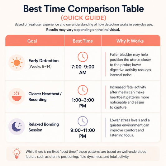 Best time to use a fetal doppler comparison table showing morning for early detection, after meals for clearer heartbeat, and nighttime for relaxed listening