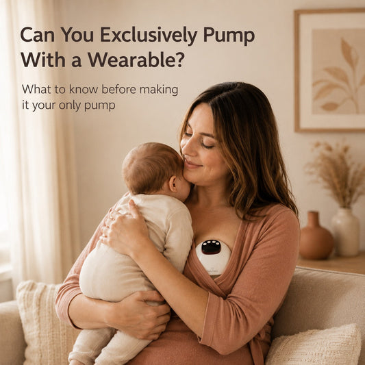Mum holding newborn while using a BabyNera wearable breast pump hands-free — guide to exclusively pumping with a wearable breast pump in Australia