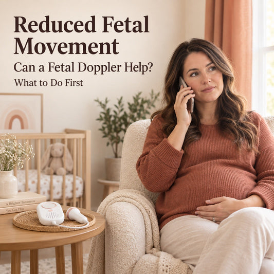 Pregnant woman in a nursery calling her provider about reduced fetal movement, fetal doppler on the side table