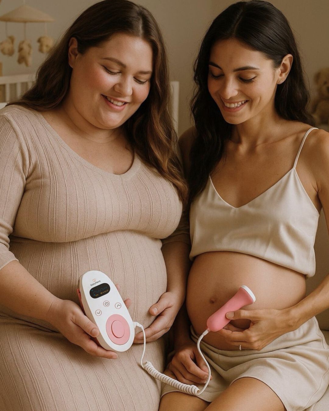 Two expectant mothers smiling while using the BabyNera doppler