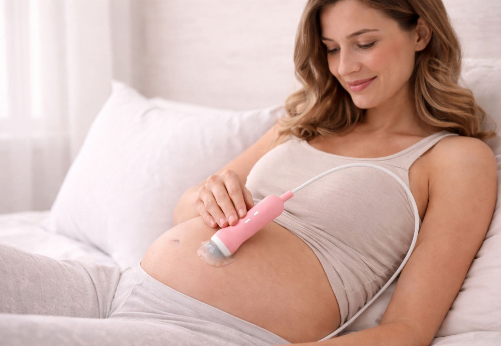 Pregnant woman lying comfortably on a bed using a pink fetal doppler on her belly, demonstrating relaxed at-home heartbeat monitoring.