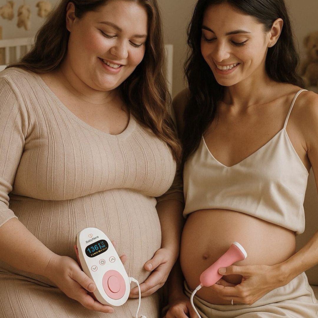 two pregnant women using fetal doppler at home to hear baby heartbeat
