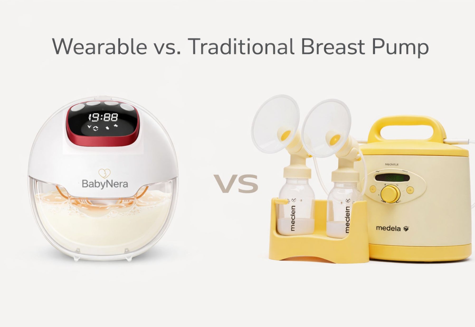 Wearable vs traditional breast pump comparison showing BabyNera wearable pump and hospital-grade electric pump