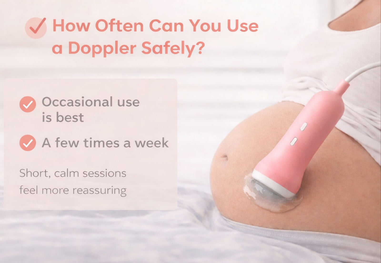 Soft-toned image of a pregnant woman using a pink fetal doppler on her belly, with overlaid text explaining safe usage frequency—suggesting occasional use, a few times a week, and keeping sessions short and calm.
