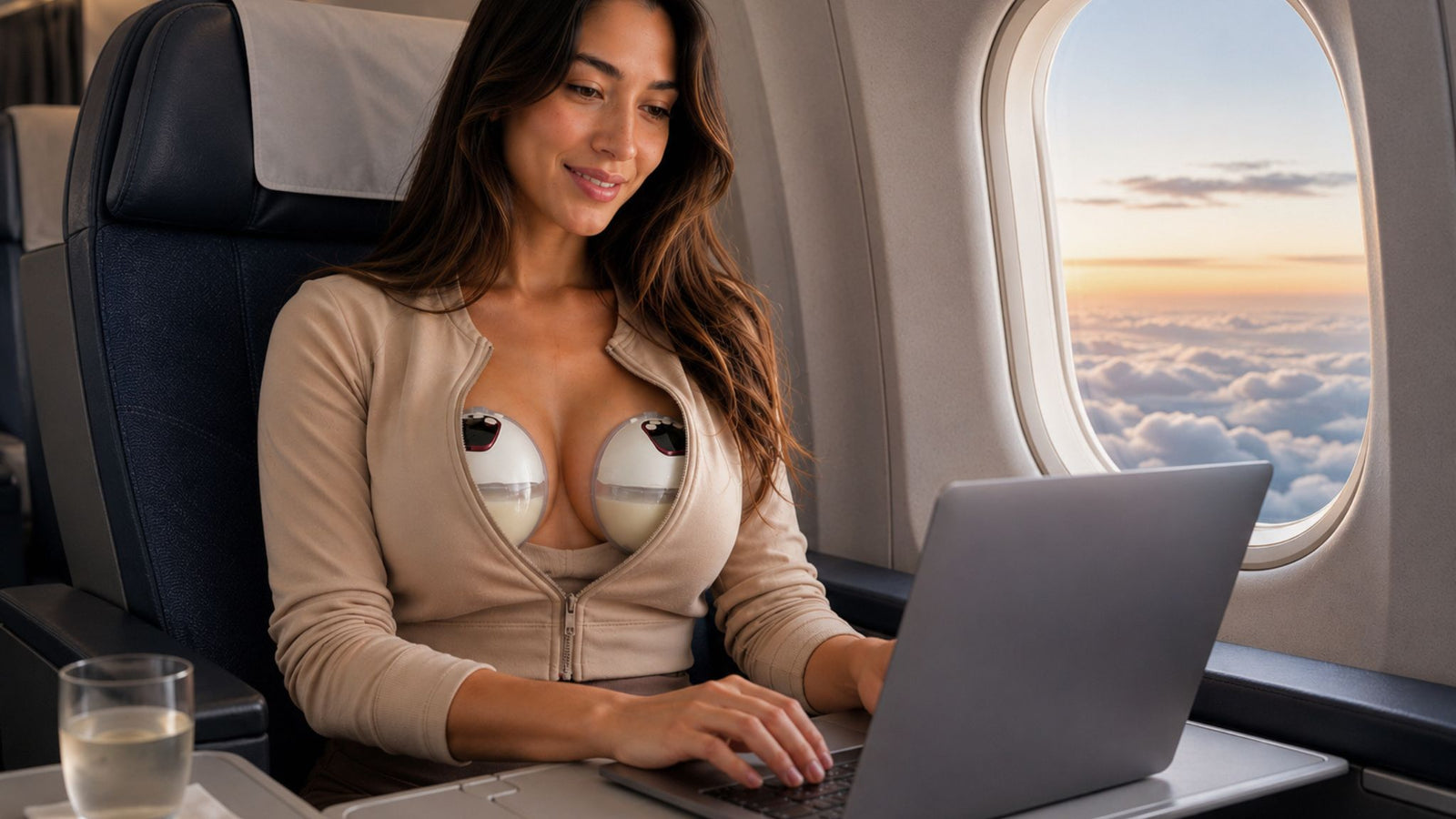 Australia's best wearable hands-free breast pump for discreet pumping while travelling, featuring a mum working on a laptop during a flight.