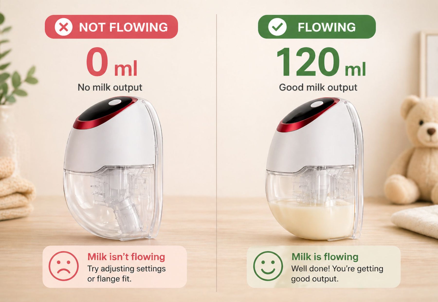 Infographic showing BabyNera breast pump 0ml ghost pumping vs full milk flow result