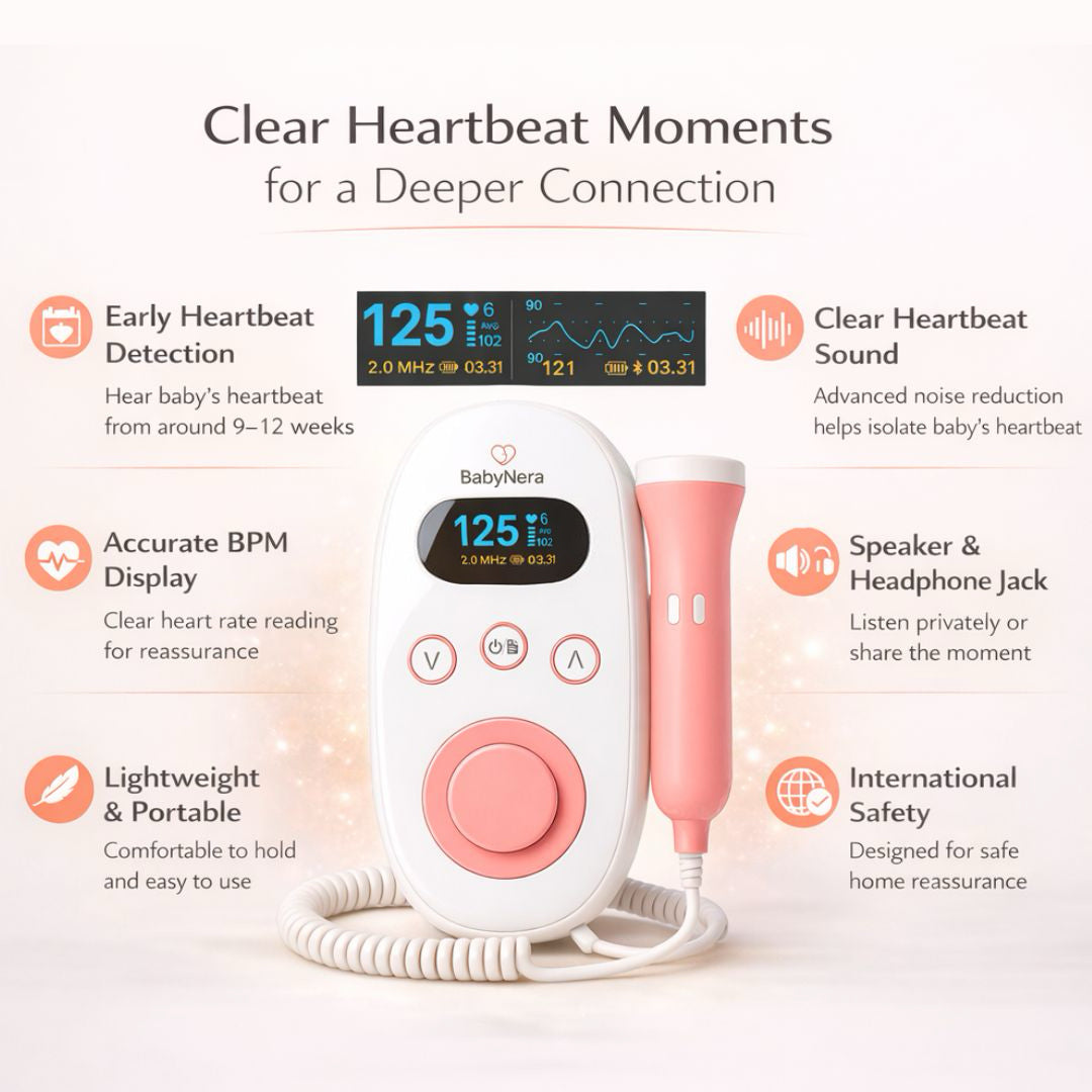 BabyNera fetal doppler with LCD display for home use showing real-time fetal heart rate monitoring features including early heartbeat detection and accurate BPM display