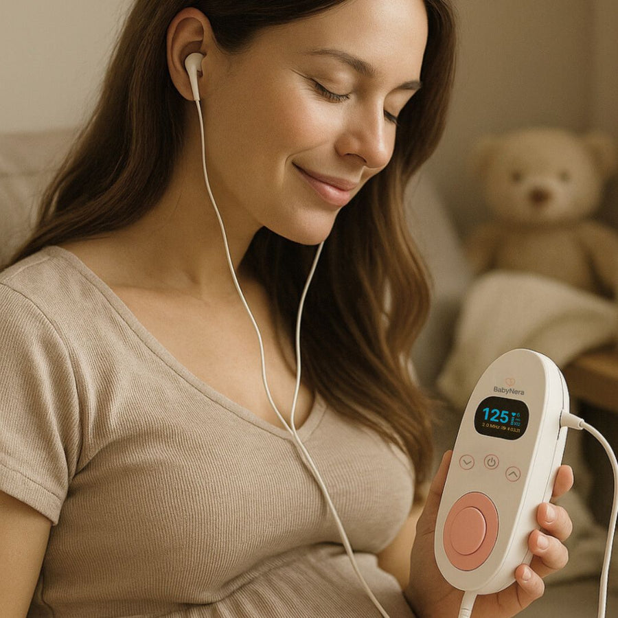 Pregnant woman using BabyNera fetal doppler with headphones to listen to baby's heartbeat at home