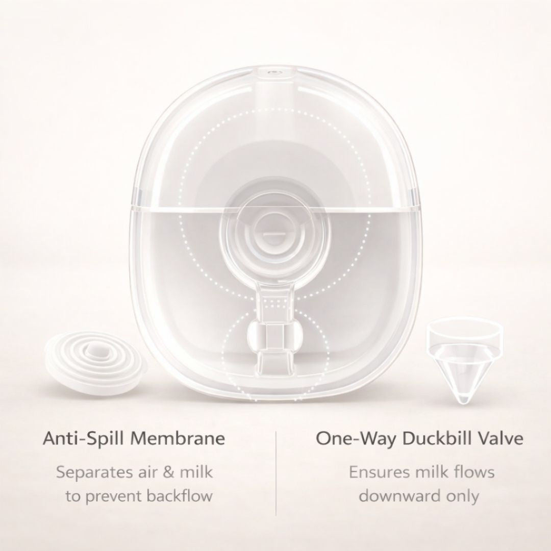 Diagram showing the BabyNera FlowEase anti-spill membrane and one-way duckbill valve system designed to prevent milk backflow during pumping.