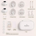 Load image into Gallery viewer, BabyNera FlowEase wearable breast pump kit contents including 2 motors, 2 milk collectors, 2 flanges, 5 flange inserts, adjustable straps, charging cables, carrying bag, instruction manual and sizing ruler.
