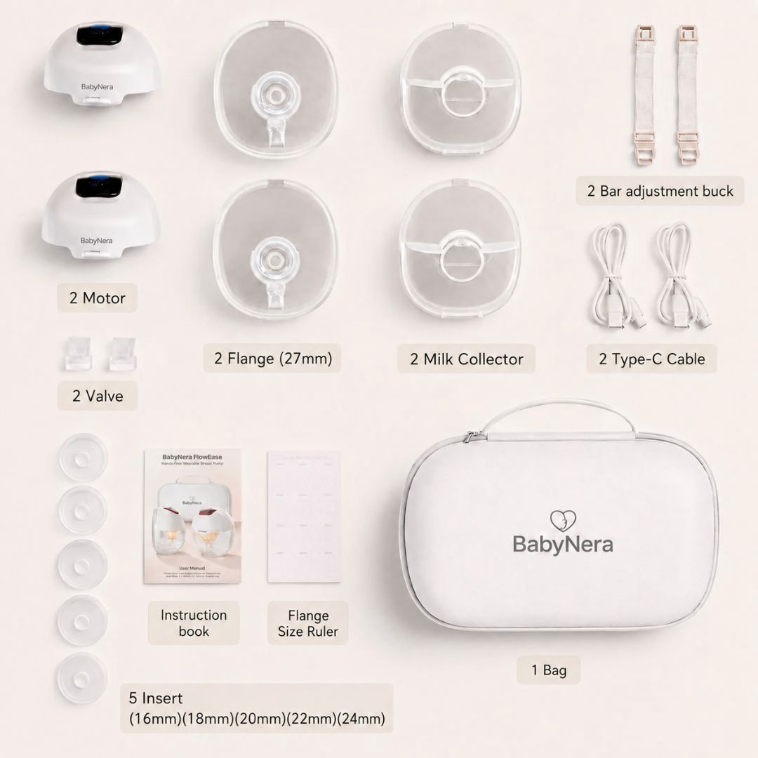 BabyNera FlowEase wearable breast pump kit contents including 2 motors, 2 milk collectors, 2 flanges, 5 flange inserts, adjustable straps, charging cables, carrying bag, instruction manual and sizing ruler.