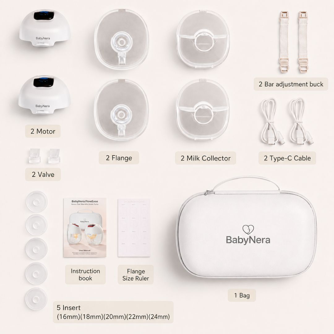 BabyNera FlowEase wearable breast pump kit contents including 2 motors, 2 milk collectors, 2 flanges, 5 flange inserts, adjustable straps, charging cables, carrying bag, instruction manual and sizing ruler.