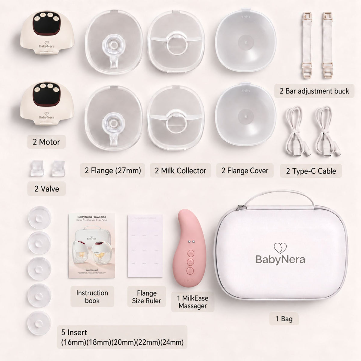 BabyNera FlowEase double wearable breast pump kit with two motors, flanges, milk collectors, flange covers, MilkEase massager, inserts, cables, sizing ruler and travel case.