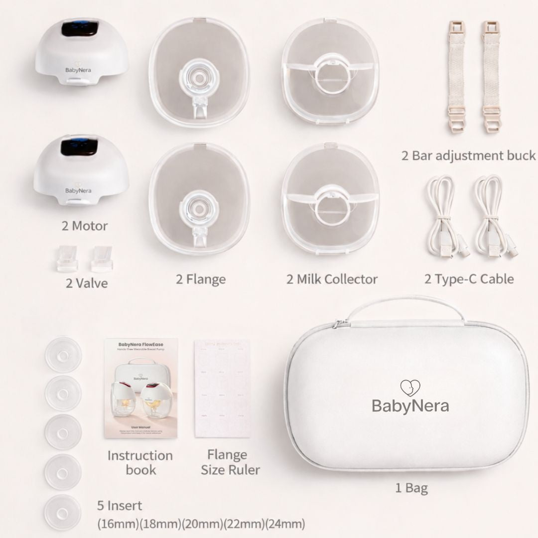 BabyNera FlowEase double wearable breast pump full kit contents including 2 motors, flanges, milk collectors, valves, 5 flange inserts, Type-C cables, adjustment buckles, instruction book, flange size ruler, and travel bag.