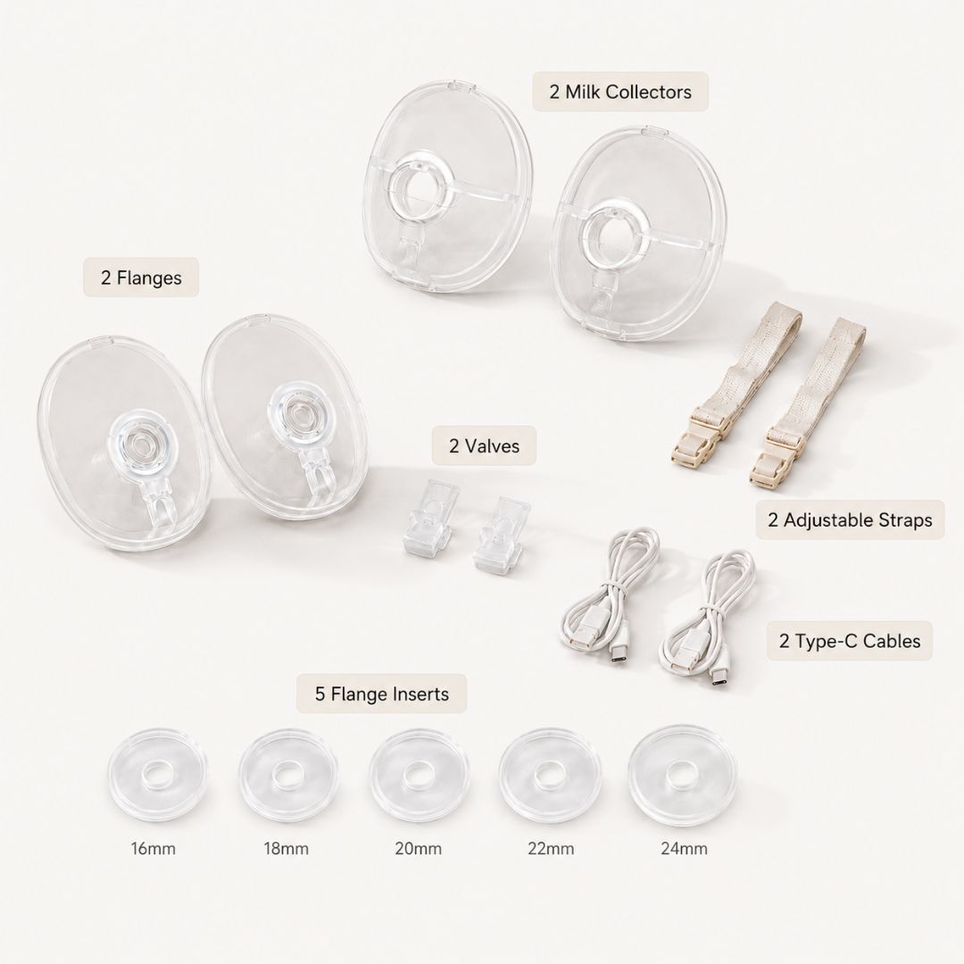 BabyNera FlowEase wearable breast pump replacement parts kit with flanges inserts valves milk collectors straps and charging cables