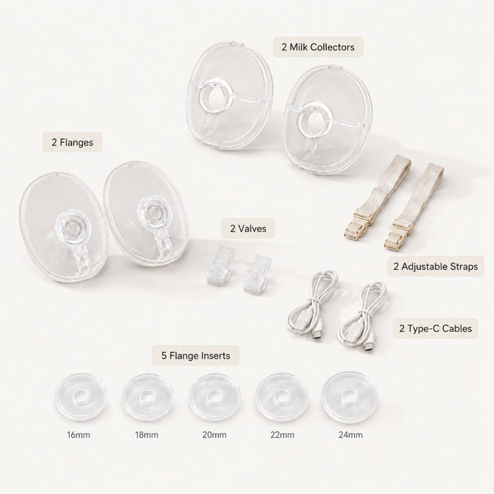 BabyNera FlowEase wearable breast pump replacement parts kit with flanges inserts valves milk collectors straps and charging cables