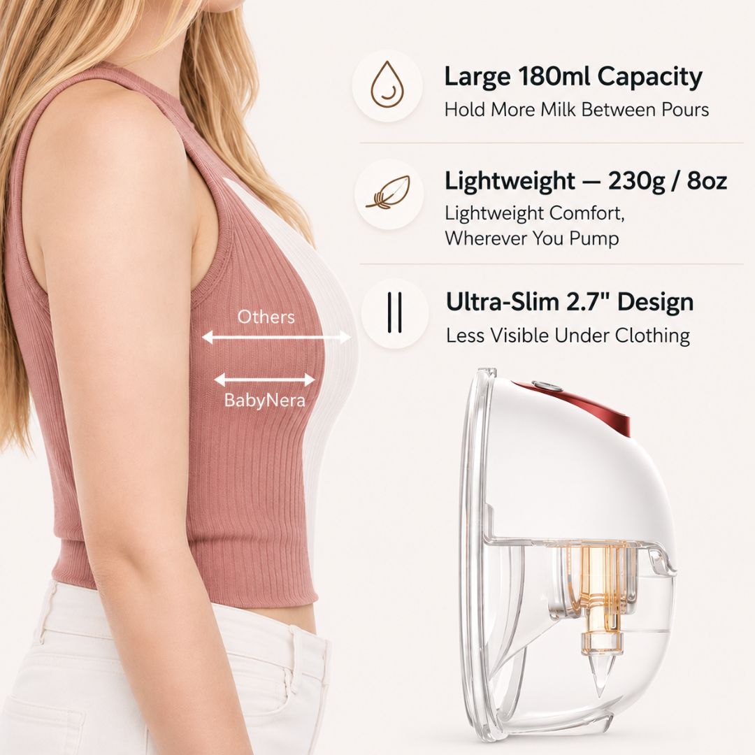 Side profile comparison showing BabyNera FlowEase wearable breast pump's ultra-slim 2.7-inch design, 180ml capacity, and lightweight 230g comfort compared with bulkier wearable breast pumps under clothing.