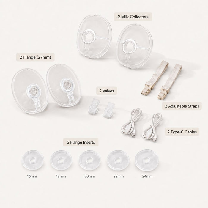 BabyNera FlowEase wearable breast pump replacement parts kit including 2 milk collectors, 2 flanges (27mm), 2 valves, 2 adjustable straps, 2 USB-C charging cables, and 5 flange inserts in 16mm, 18mm, 20mm, 22mm, and 24mm displayed in a flat lay.