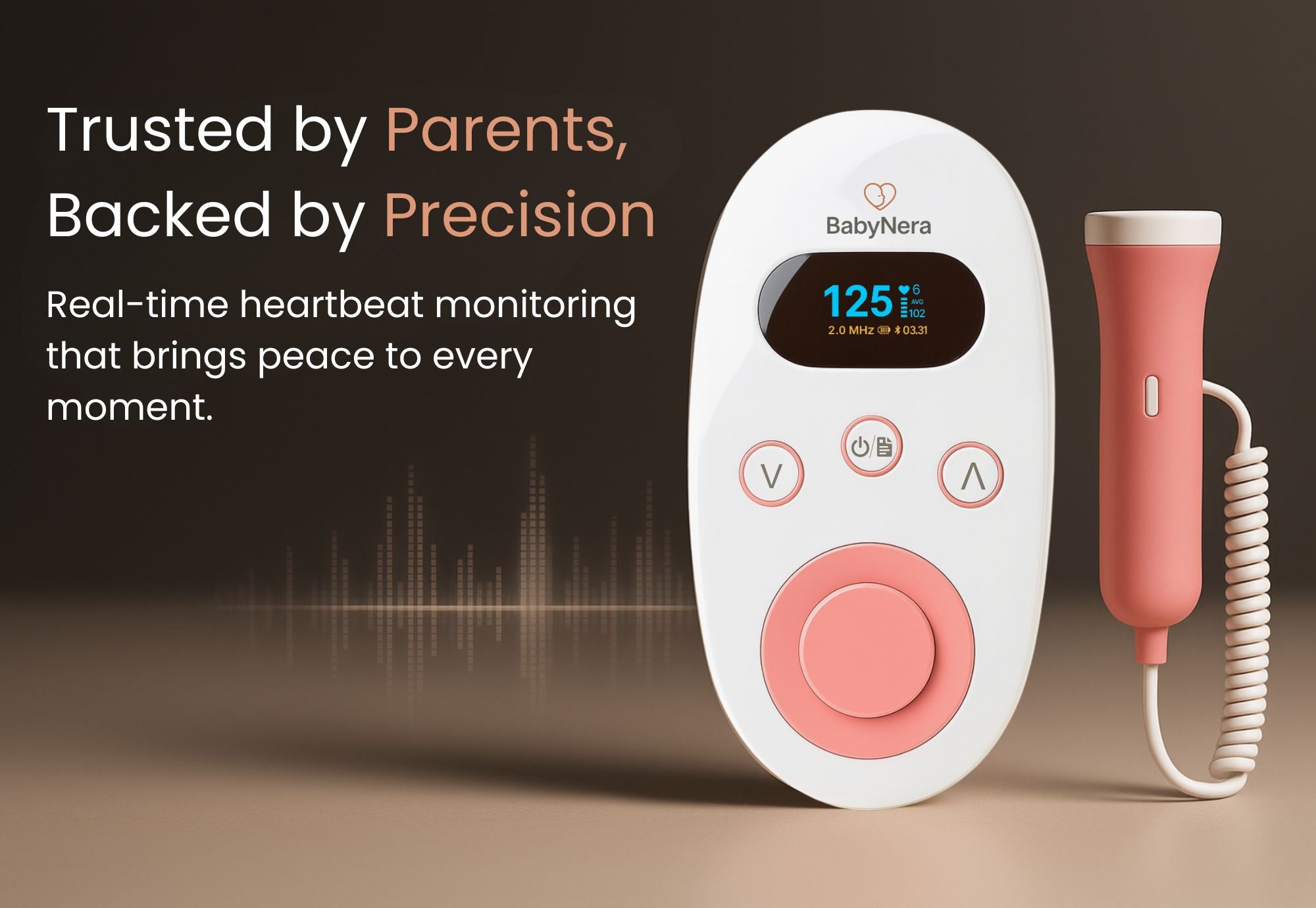BabyNera HeartEcho fetal doppler device displaying real-time baby heartbeat with 2.0 MHz probe for home monitoring
