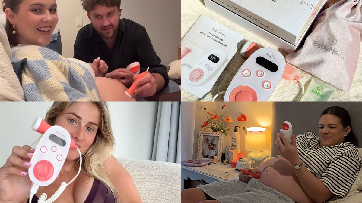 pregnant mom using best fetal doppler BabyNera at home to listen to baby heartbeat