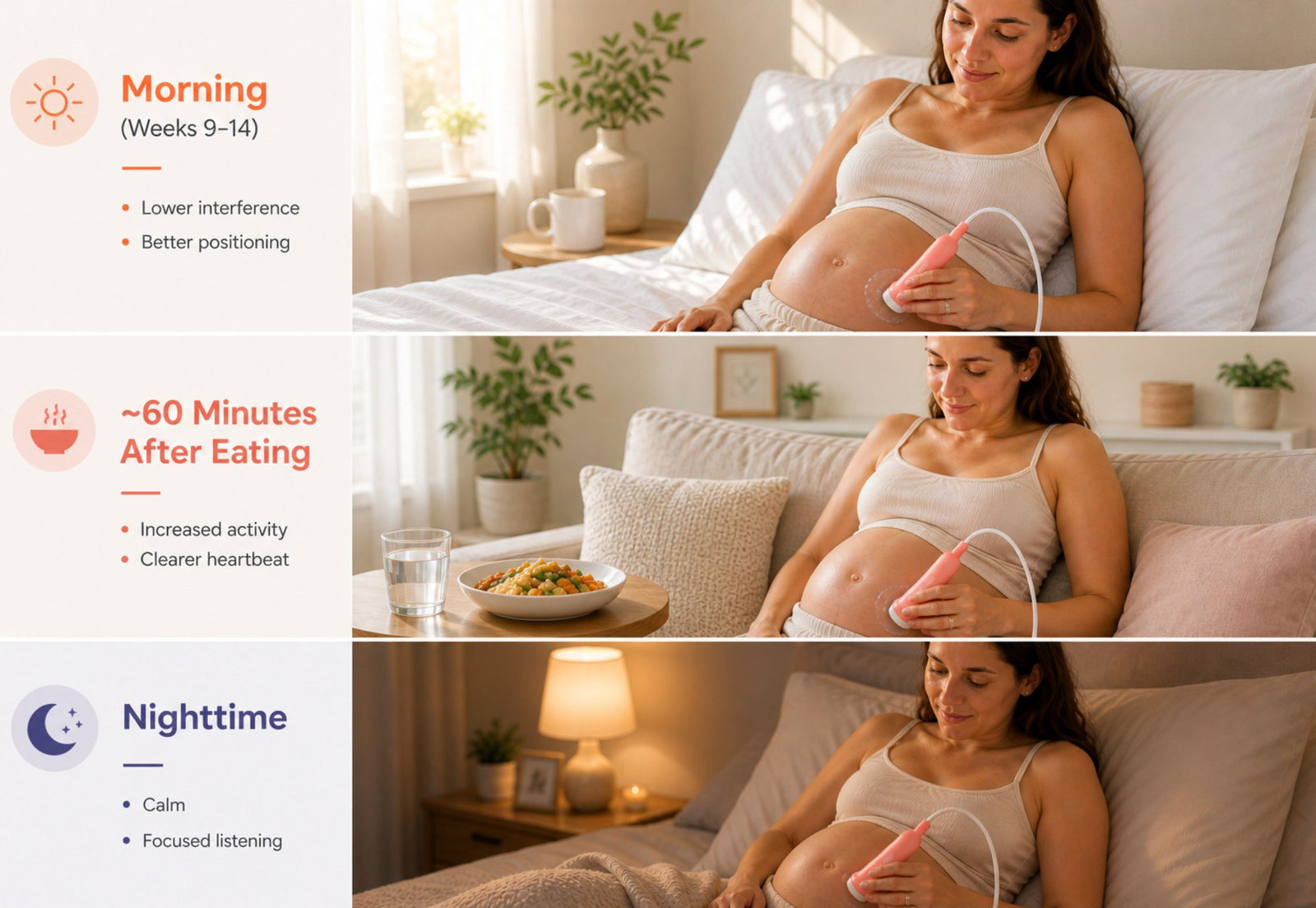 Pregnant woman using a fetal doppler at different times of day including morning, after eating, and nighttime for clearer heartbeat detection