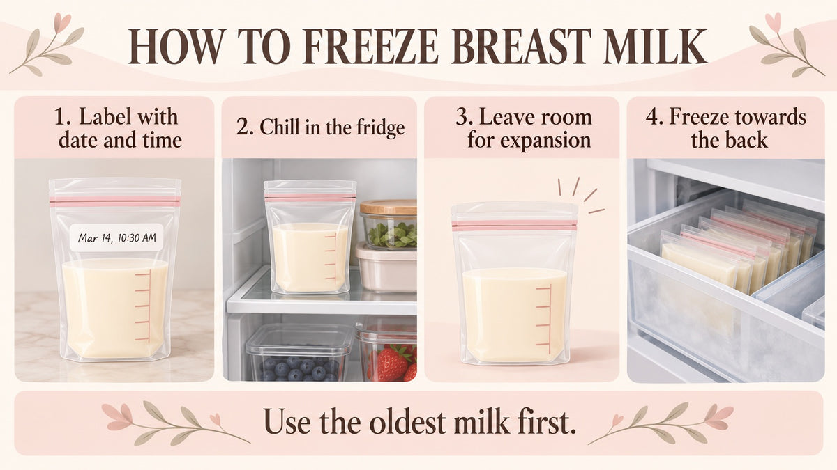 Four-step guide to freezing breast milk safely — cool in fridge first, label, freeze bags flat, stack upright