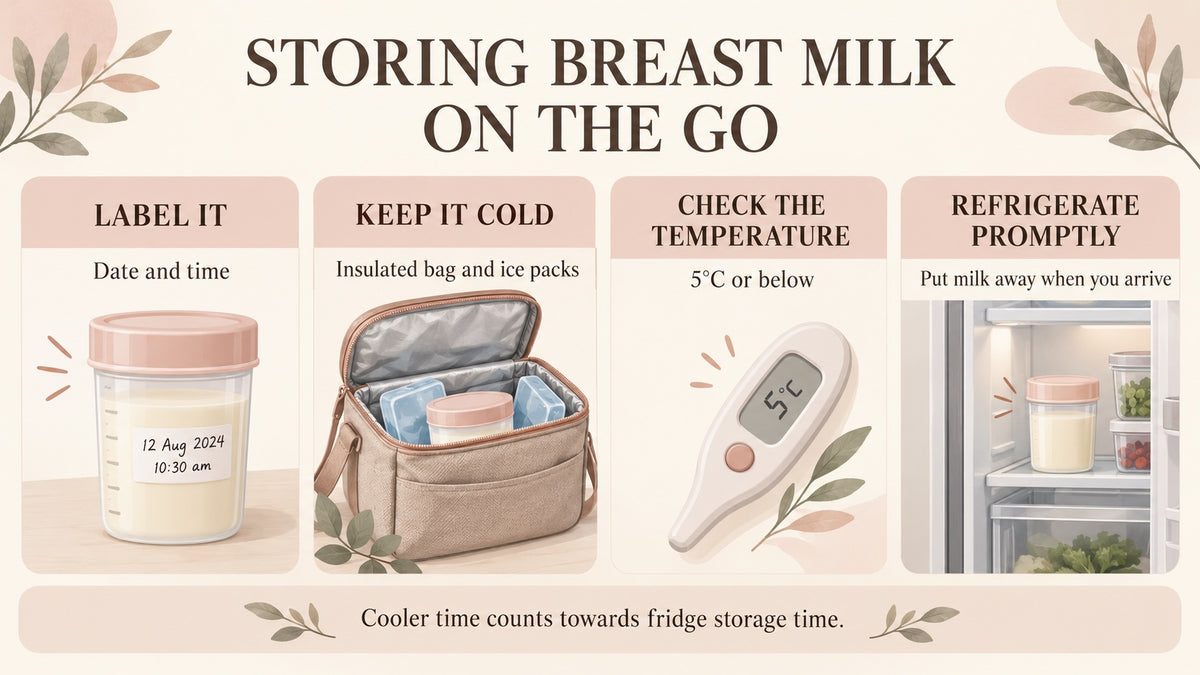 Storing breast milk on the go — insulated cooler bag with ice packs for mums expressing at work in Australia