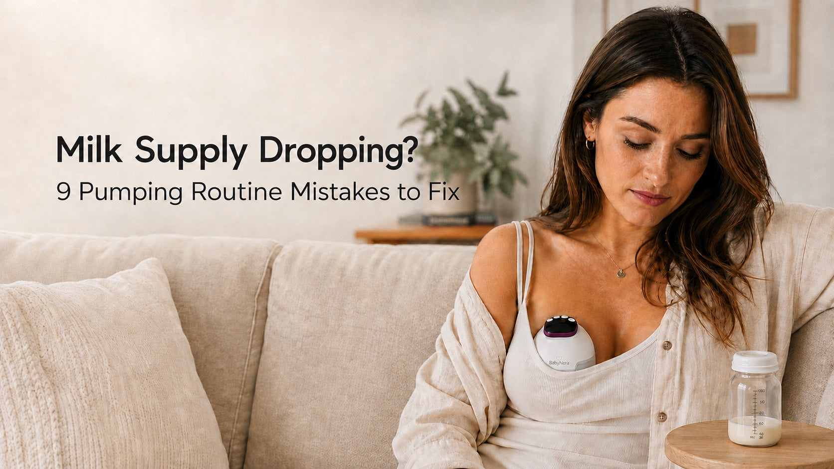 Mum sitting at home using BabyNera FlowEase wearable breast pump with expressed milk bottle — pumping routine mistakes that lower milk supply