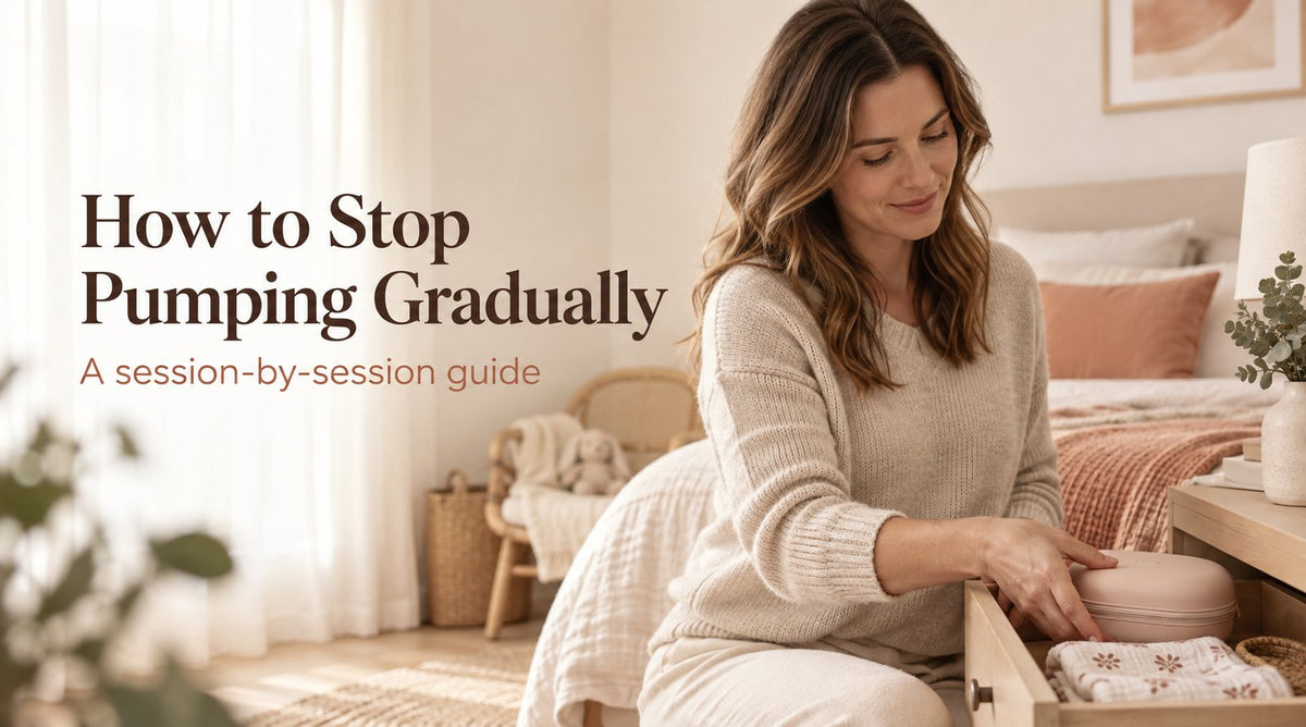 Mum sitting in a nursery bedroom — BabyNera guide to how to stop pumping breast milk gradually, session by session