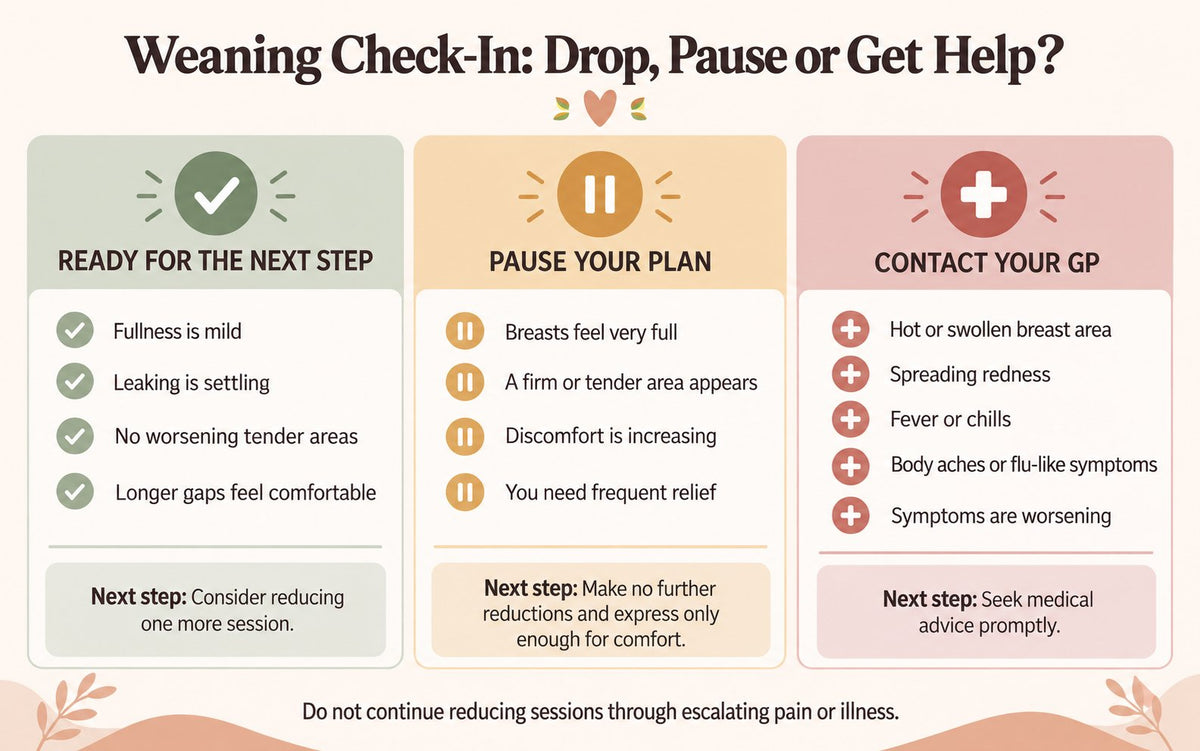 Infographic: Weaning Check-In — signs you are ready to drop another session, when to pause your plan, and when to contact your GP