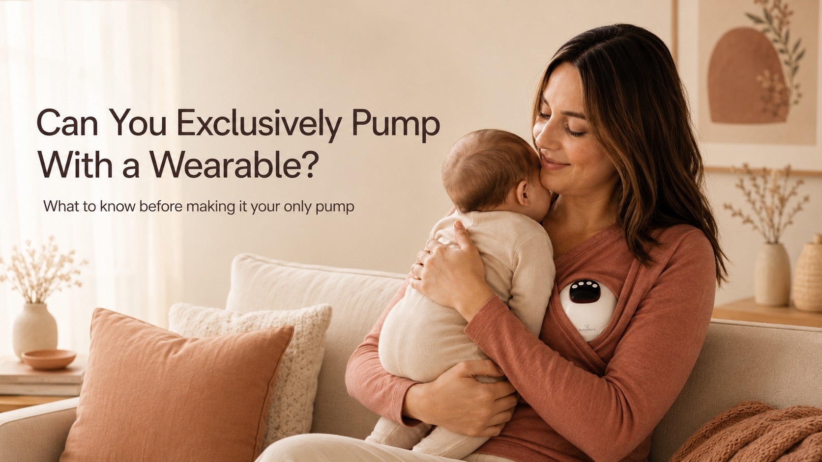 Mum holding newborn baby while using a BabyNera wearable breast pump hands-free — can you exclusively pump with a wearable breast pump guide