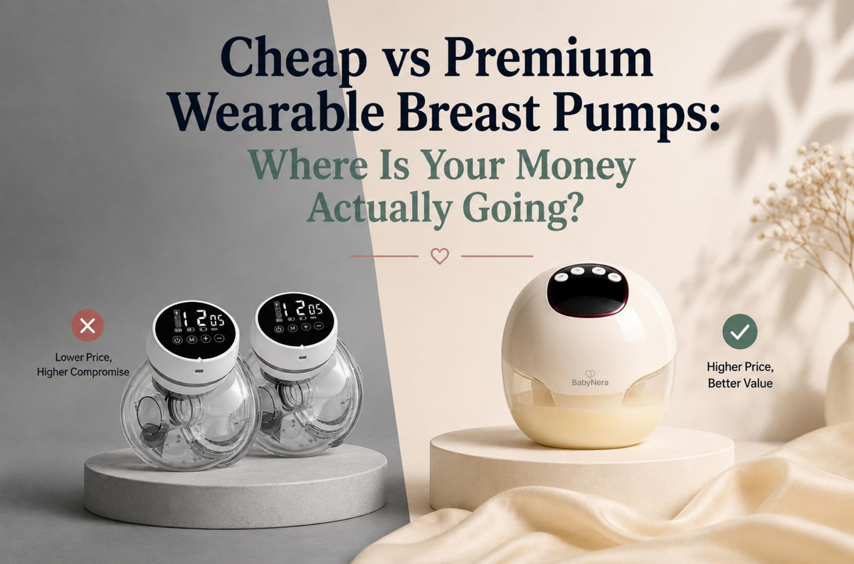 Cheap vs premium wearable breast pump comparison showing a budget wearable breast pump beside the BabyNera FlowEase premium wearable breast pump, highlighting the differences in value, quality and long-term performance.