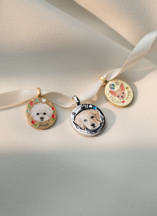 Variety of custom pet memorial portrait necklace designs, hand-painted for dog and cat lovers