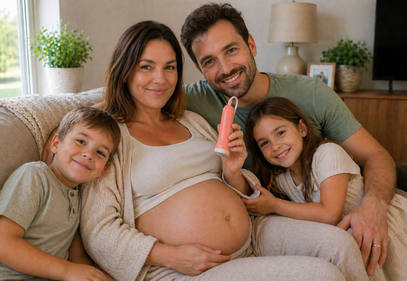 pregnant mom using BabyNera 2MHz fetal doppler at home to check baby heartbeat