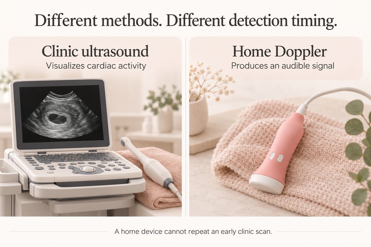 Person holding a BabyNera HeartEcho fetal doppler at home after IVF, sitting in a calm, well-lit room