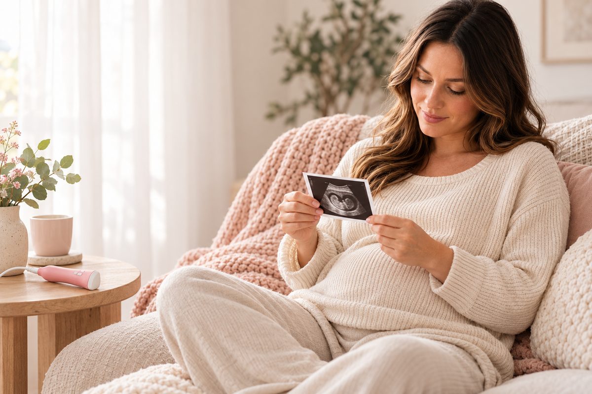 Person using a BabyNera HeartEcho fetal doppler at home during an IVF or high-risk pregnancy