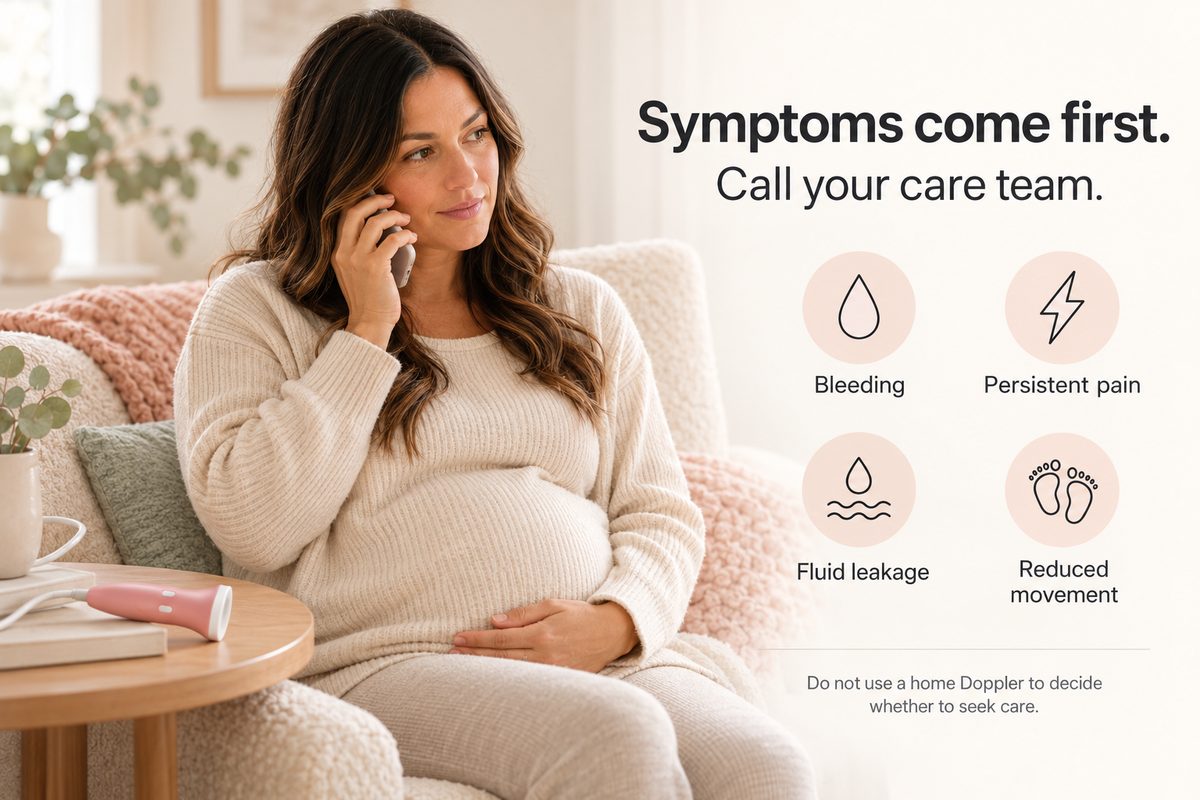 Reminder card listing symptoms that require calling your OB-GYN or MFM specialist immediately during an IVF or high-risk pregnancy