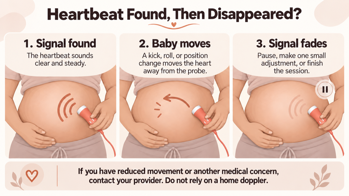 Three-step illustration explaining why a fetal doppler heartbeat signal disappears: signal found, baby moves, signal fades — with a reminder to contact your provider for any medical concern