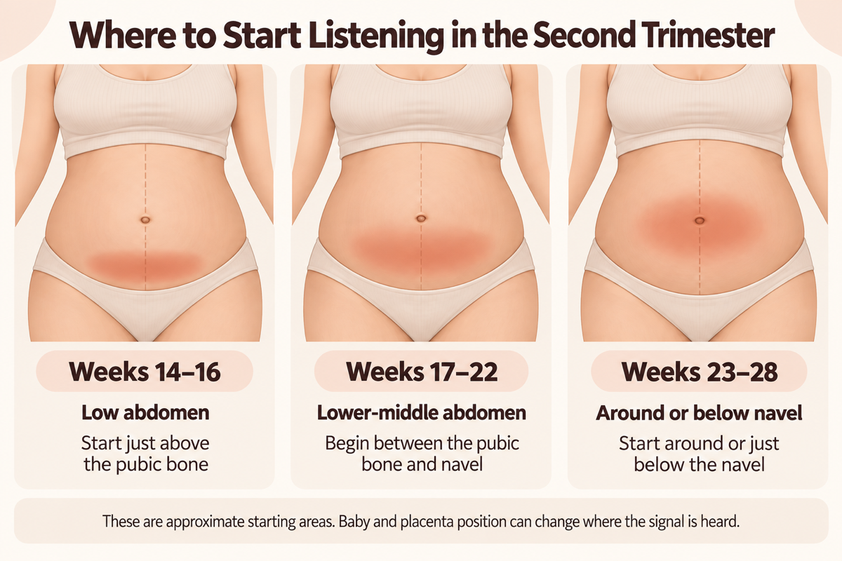 Diagram showing where to start listening with a fetal doppler in the second trimester: low abdomen at weeks 14–16, lower-middle at weeks 17–22, and around or below the navel at weeks 23–28