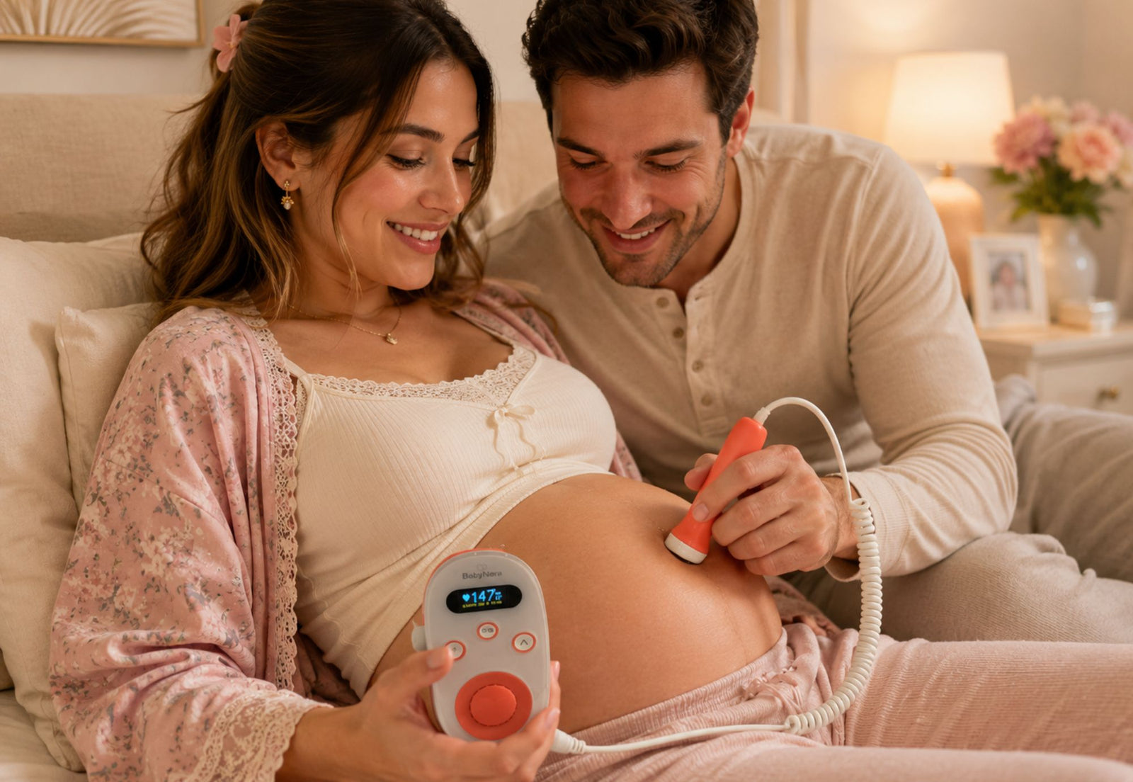 Pregnant couple using a BabyNera fetal doppler together to listen to their baby's heartbeat and bond during pregnancy