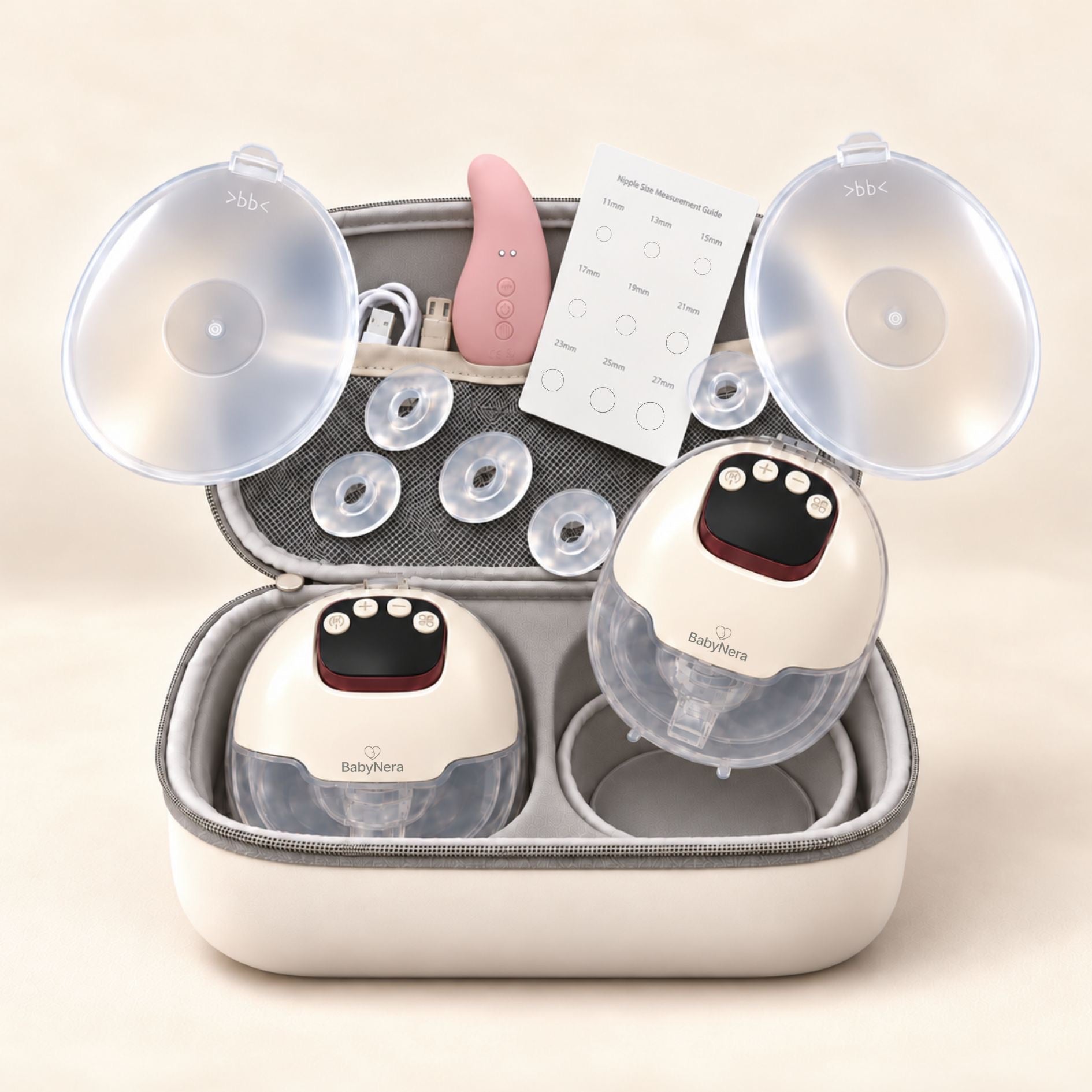 BabyNera FlowEase double wearable breast pump kit with travel case, MilkEase massager, flange inserts, sizing guide and accessories.