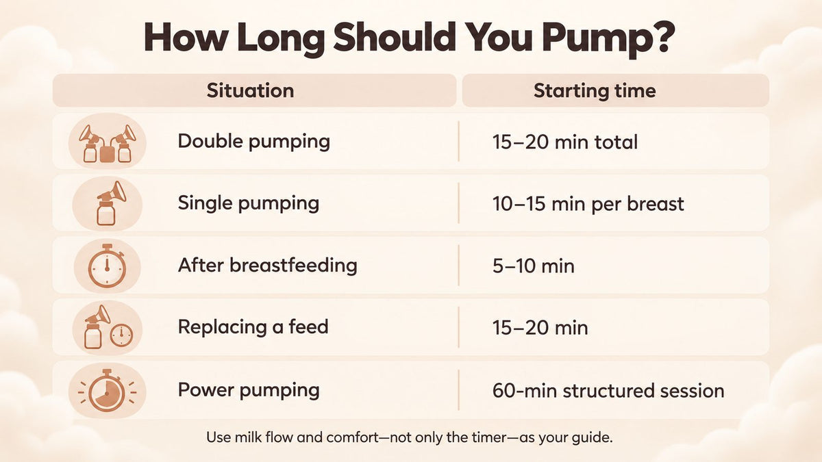 Infographic showing how long to pump breast milk by situation — double pumping 15–20 min, single pumping 10–15 min per breast, after breastfeeding 5–10 min