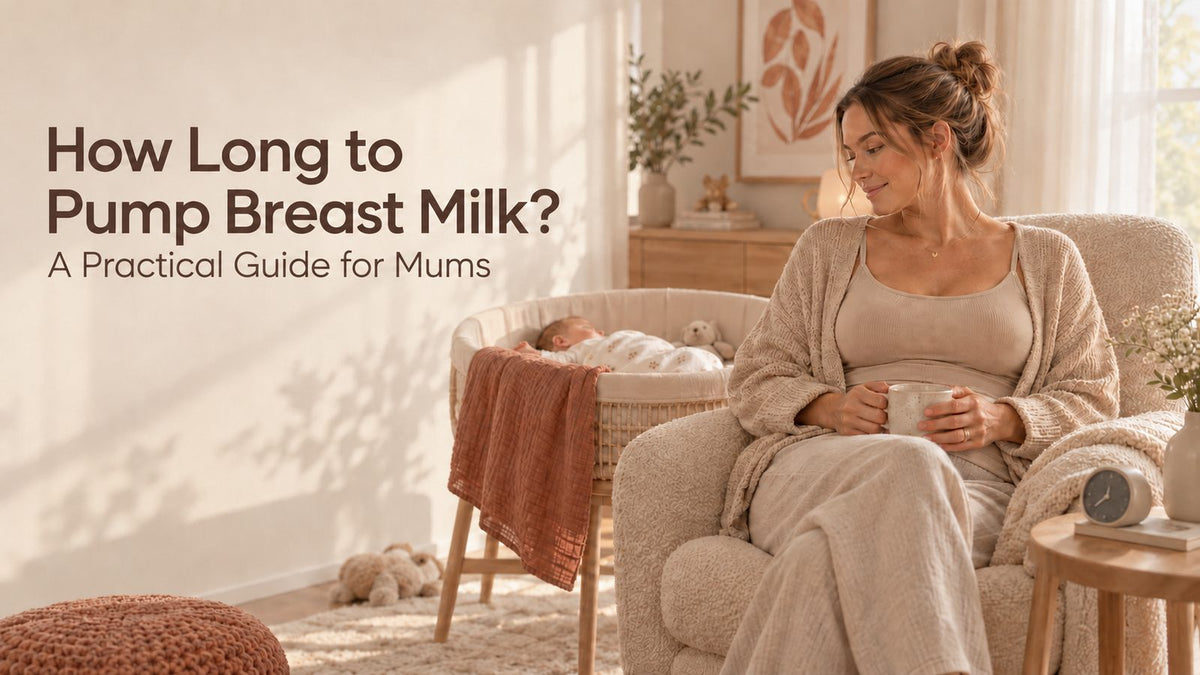 Mum resting in a nursing chair beside a sleeping newborn in a bassinet — how long to pump breast milk guide for Australian mums